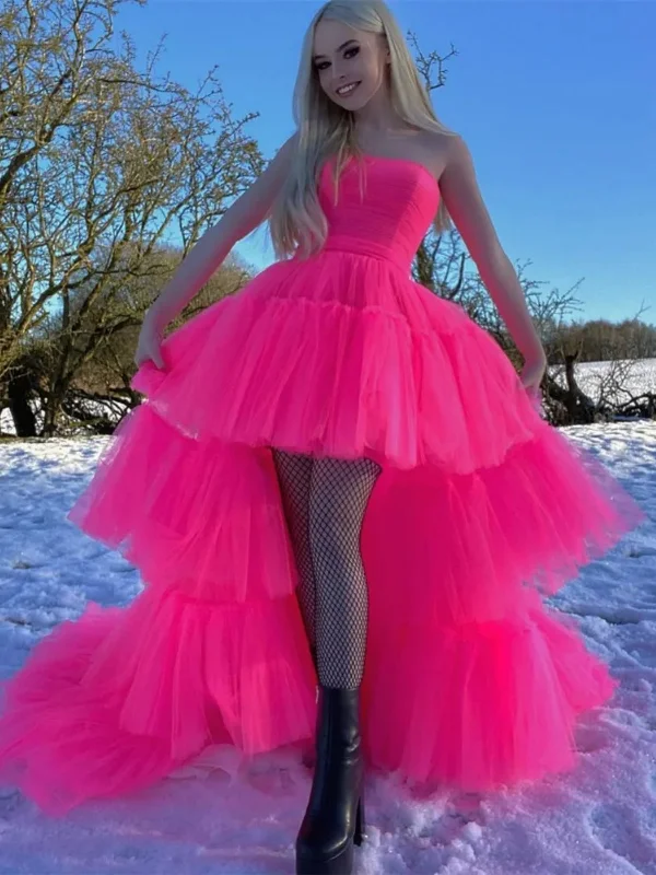 Online Only minimalistic dressminimalistic dressStrapless High Low Hot Pink Tulle Long Prom Dresses, High Low Hot Pink Formal Dresses, Hot Pink Evening Dresses SP2896