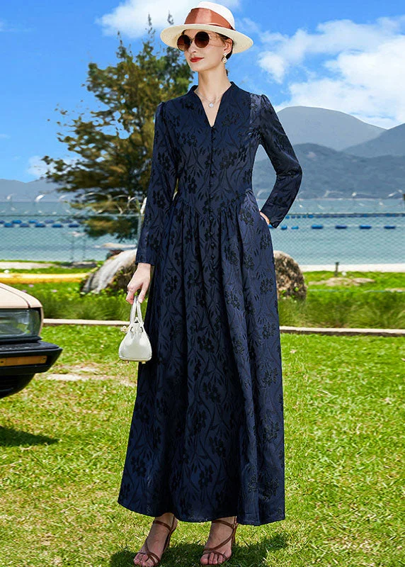 office dressBeautiful Navy V Neck Jacquard Wrinkled Silk A Line Dress Fall