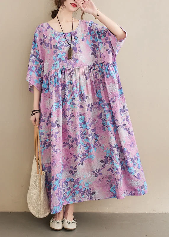 Special Offer backless dressbackless dressWomen O-Neck Print Patchwork Wrinkled Cotton Maxi Dresses Summer