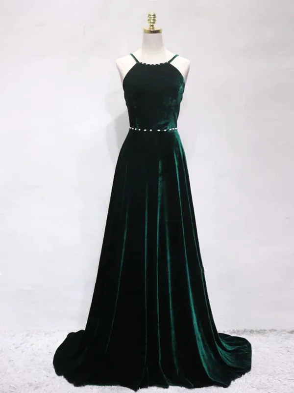 Instant Discount long sleeve dresslong sleeve dressA Line Backless Dark Green Velvet Long Prom Dresses, Backless Dark Green Formal Graduation Evening Dresses SP2777