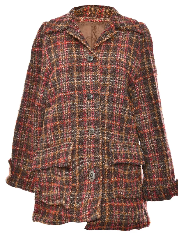Clearance Sale retro coatChecked Brown Wool Coat - M