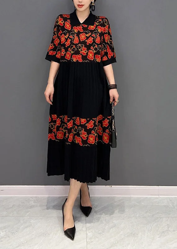 Weekend Deal sleeveless dresssleeveless dressRed Patchwork Knit Pleated Dresses Turn-down Collar Print Summer