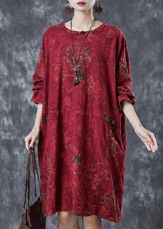 midi dressWomen Red Oversized Print Linen Oriental Dress Fall