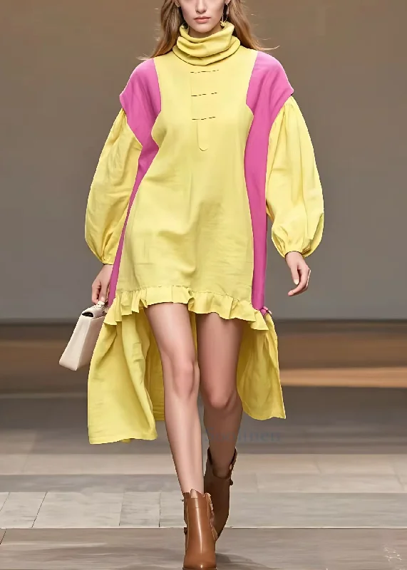 oversized dressLoose Yellow Turtleneck Low High Design Cotton Dress Fall