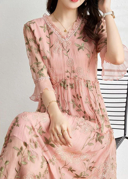 draped dressFrench Pink Embroidered Patchwork Wrinkled Tulle Dress Summer