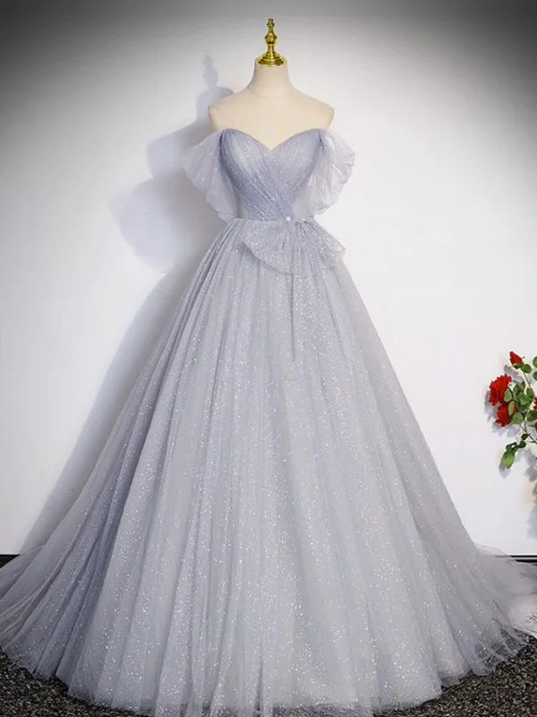 TIME-Limited Offer minimalistic dressminimalistic dressOff Shoulder Gray Tulle Long Prom Dresses, Off the Shoulder Formal Dresses, Long Gray Evening Dresses SP2796