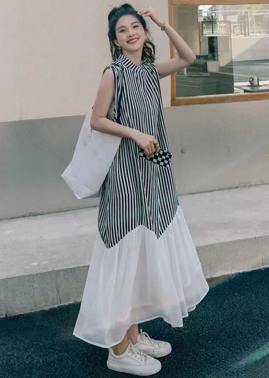 modern dressFrench Striped Stand Collar Patchwork Chiffon Dresses Sleeveless