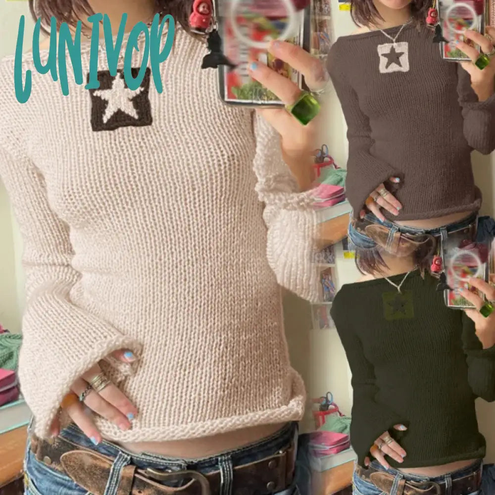 Bargain Prices Lunivop Autumn Y2k Star Sweaters Women Casual Hollow Knitted Pullover Top Oversized Grunge Cute Long Sleeve Girl Tees Fairycore Outfits