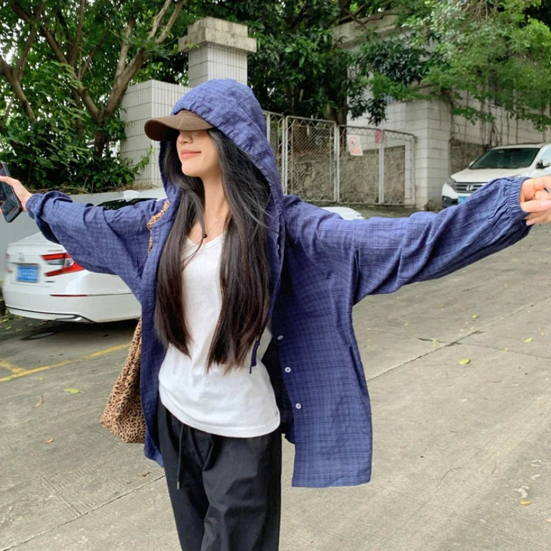 Fantastic Deals Lunivop High Street Contrast Color Plaid Loose Long Sleeve Shirt Women Autumn New Korean Fashion All-match Drawstring Hooded Tops