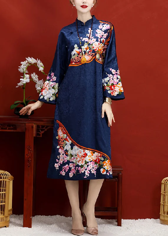 Stock Clearance pleated maxi dresspleated maxi dressNavy Embroideried Button Side Open Silk Maxi Dress Long Sleeve