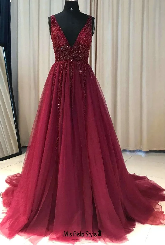Lowest Price elegant dresselegant dressHandmade Beaded Burgundy V-back Prom Dress