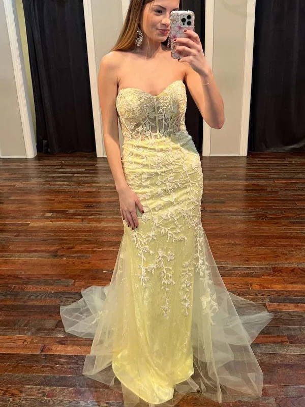 Flash Sale floral wrap dressfloral wrap dressStrapless Mermaid Yellow Lace Prom Dresses Long, Mermaid Yellow Formal Dresses, Yellow Lace Evening Dresses SP2672