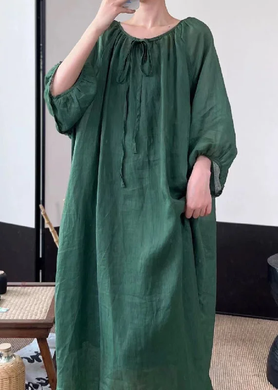 trendy dressWomen Green Lace Up Solid Linen Long Dresses Fall