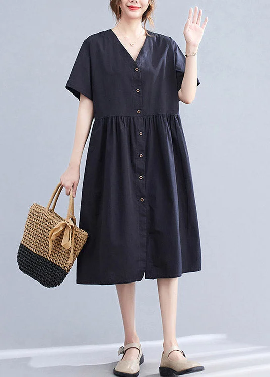 Instant Discount trendy dresstrendy dressBlack V Neck Wrinkled Cotton Long Dress Short Sleeve
