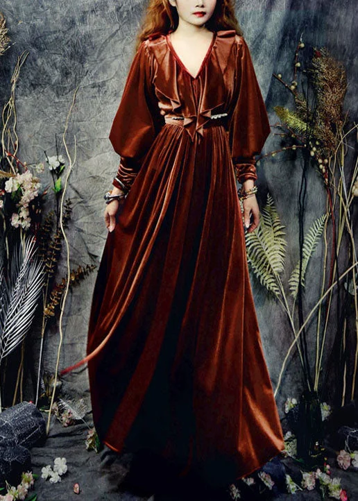 Low Prices minimalistic dressminimalistic dressBoutique Brick Red V Neck Ruffles Silk Velour Cinch Dresses Spring
