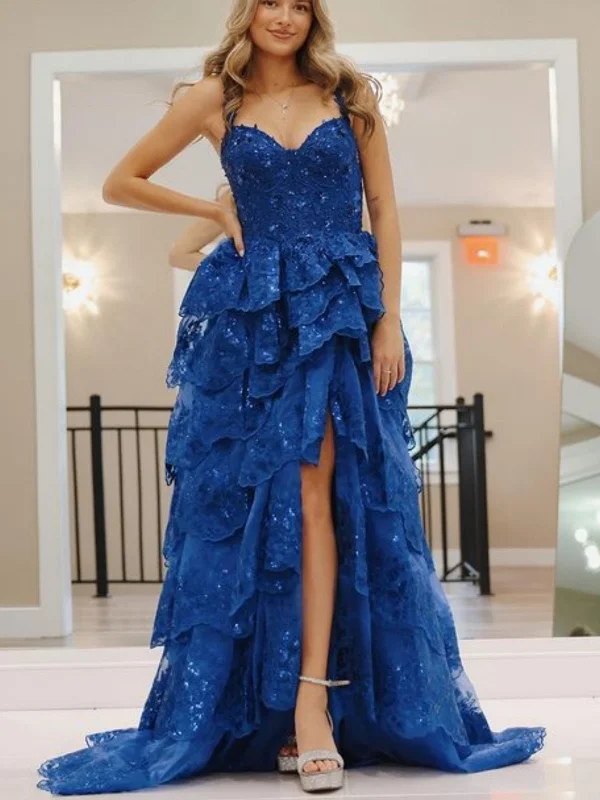 Buy More, Save More oversized dressoversized dressOpen Back High Low Layered Blue Lace Long Prom Dresses, Blue Lace Formal Dresses, Blue Evening Dresses SP2869