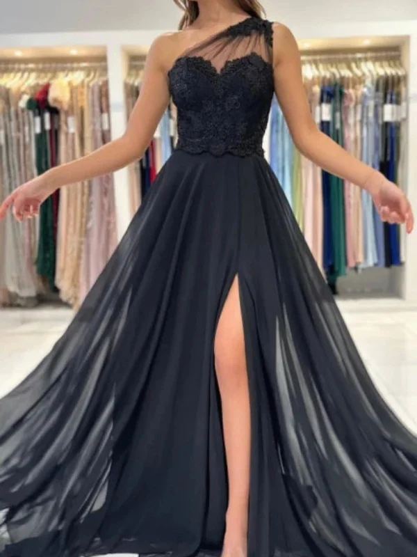 Deal Dash cocktail party dresscocktail party dressOne Shoulder Black Lace Long Prom Dresses with High Slit, Black Lace Formal Dresses, Black Evening Dresses SP2724