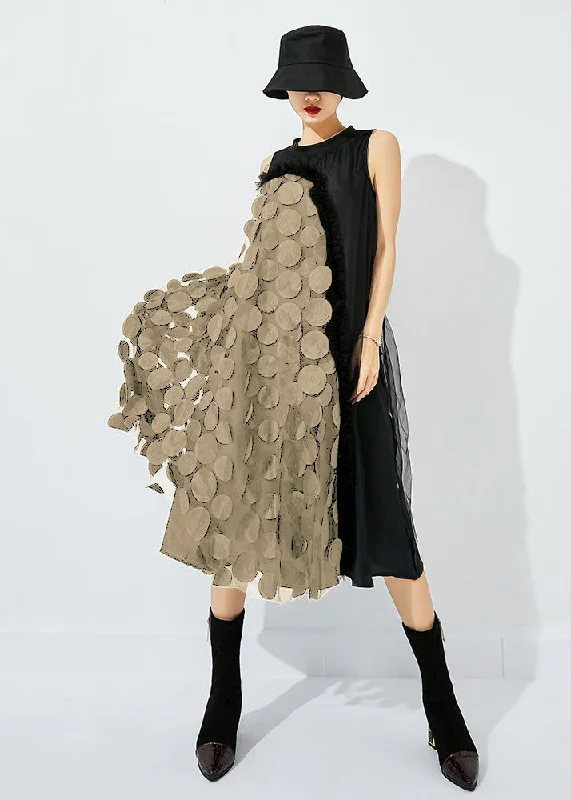 Buy More, Save More ruched dressruched dressBohemian Black-Khaki Dot Asymmetrical Patchwork Wrinkled Tulle Maxi Dress Sleeveless