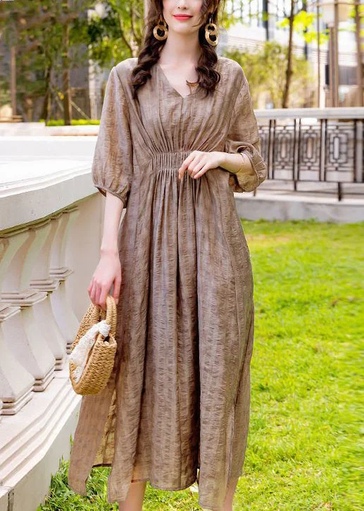 Super Bargain chic slip dresschic slip dressFrench Khaki V Neck Wrinkled Silk Vacation Dresses Summer