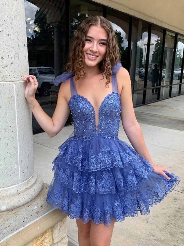 Sale Event sleeveless dresssleeveless dressA Line V Neck Layered Blue Lace Prom Dresses, Blue Lace Homecoming Dresses, Short Blue Formal Evening Dresses SP3000