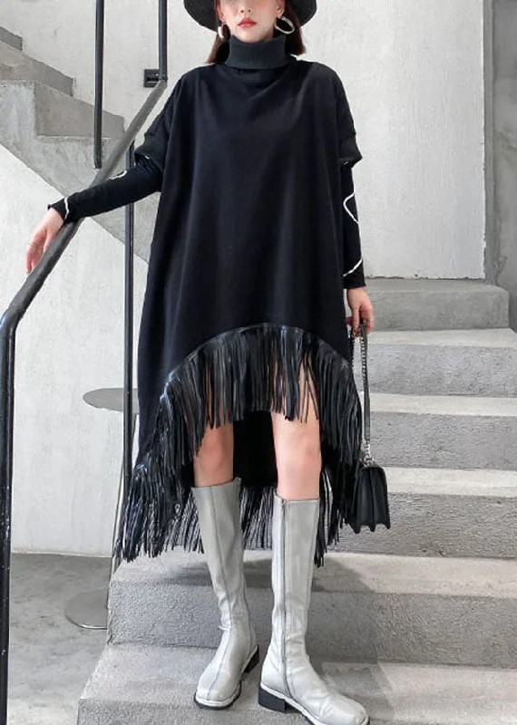 Mega Sale bohemian dressbohemian dressStyle Black Turtle Neck Tasseled Low High Design Dresses Spring