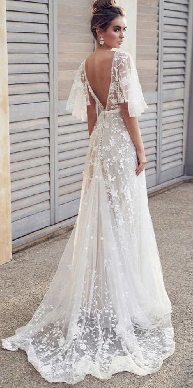 high-waisted dressOutdoor Summer V-back Boho Sleeve Lace Wedding Dress