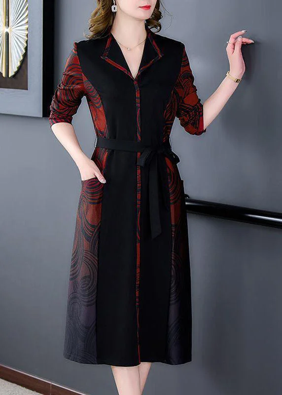 office dressElegant Red V Neck Patchwork Print Silk Cinch Dress Fall