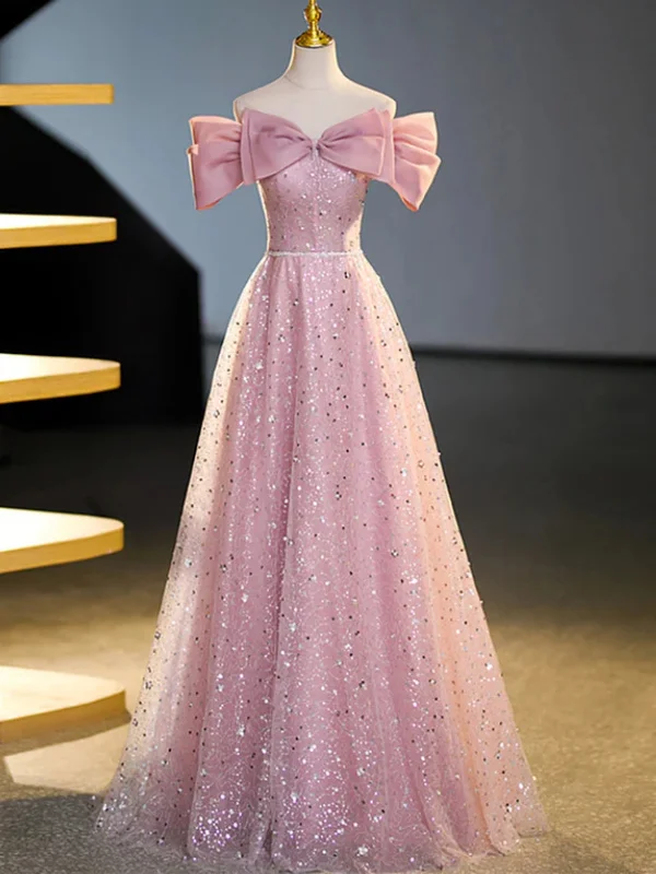 Savings Alert structured dressstructured dressOff the Shoulder Pink Sequins Long Prom Dresses, Pink Sequins Formal Graduation Evening Dresses SP2693