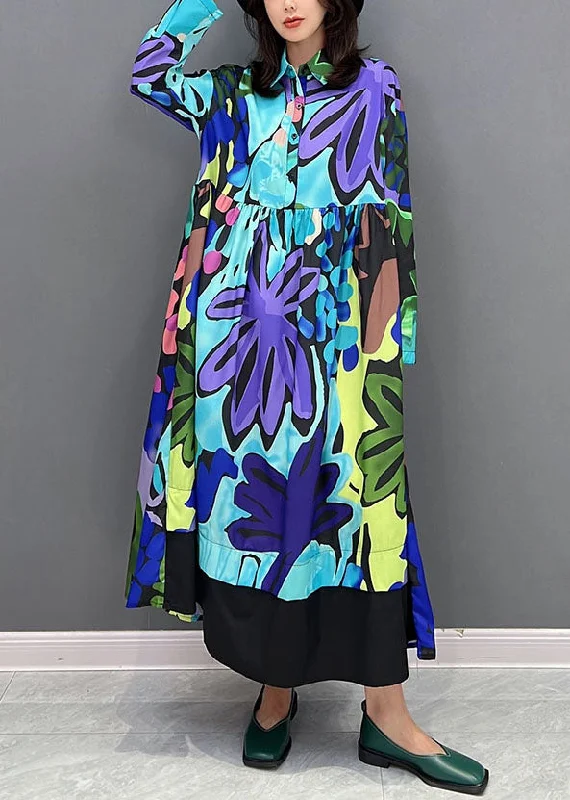 chic dressStreetwear Blue Print Patchwork Cotton Long Dresses Fall