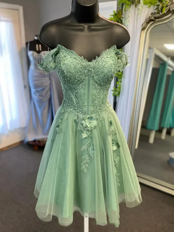 New Deals A-line dressA-line dressOff Shoulder Beaded Sage Lace Prom Dresses, Sage Lace Homecoming Dresses, Short Sage Formal Evening Dresses SP3003
