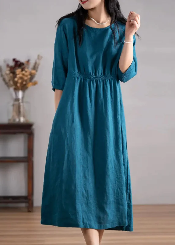 casual slip dressWomen Blue O Neck Pockets Wrinkled Linen Dresses Summer