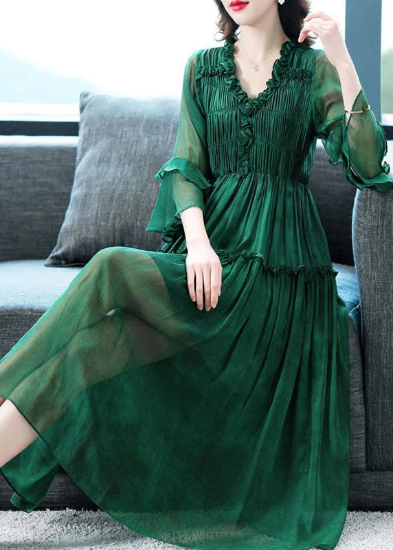 Epic Deals bodycon dressbodycon dressModern Green V Neck Ruffled Patchwork Silk Dress Summer