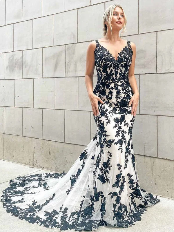Don't Wait modern dressmodern dressV Neck Mermaid White Long Prom Dresses with Blue Lace, Mermaid Blue Lace Formal Evening Dresses SP2280