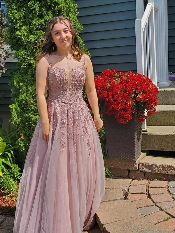 Season Finale Sale chic dresschic dressA Line V Neck Sandy Pink Lace Long Prom Dresses, Sandy Pink Lace Formal Graduation Evening Dresses SP3100