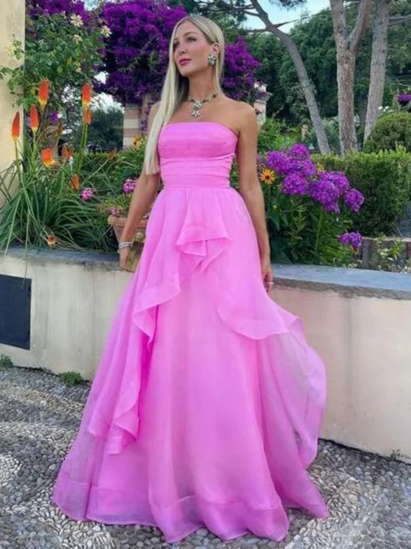 Limited Edition flowy maxi dressflowy maxi dressStrapless High Low Pink Tulle Long Prom Dresses, Long Pink Formal Graduation Evening Dresses SP2875