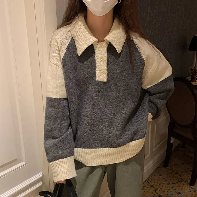 Lowest Price Lunivop Sweater Preppy Style Y2k Sueter Mujer Turn Down Collar Vintage Contrast Color Pullovers Women Patchwork Knitted Korean