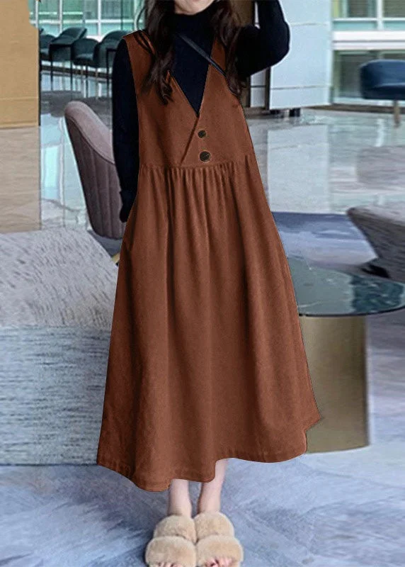 Blowout Sale floral wrap dressfloral wrap dressBrown Patchwork Corduroy Dresses V Neck Pockets Sleeveless
