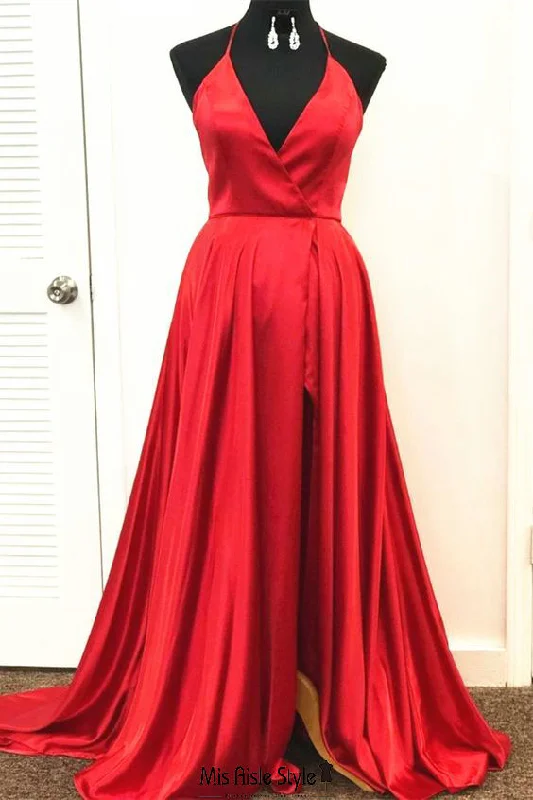 Price Rollback fitted dressfitted dressSexy Backless Halter Neckline Red Slit Pageant Dress