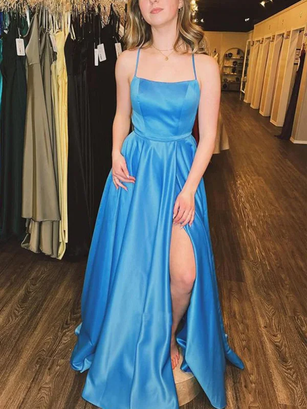 Clearance Event lace-up dresslace-up dressSimple Open Back Blue Satin Long Prom Dresses with High Slit, Long Blue Formal Graduation Evening Dresses SP2597