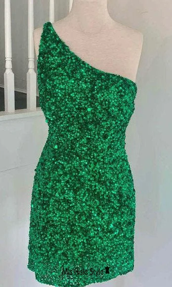 Incredible Offers casual evening dresscasual evening dressSexy Mini One Shoulder Green Sequins Homecoming Dress
