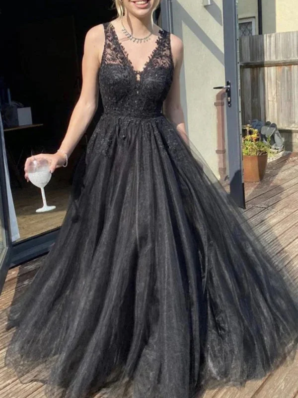 Exclusive Deal cocktail dresscocktail dressA Line V Neck Black Lace Tulle Long Prom Dresses, Black Lace Formal Dresses, Black Evening Dresses SP2595