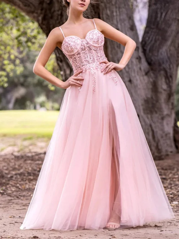 Sale Event office dressoffice dressSweetheart Neck Pink Lace Long Prom Dresses with High Slit, Pink Lace Formal Graduation Evening Dresses SP2754