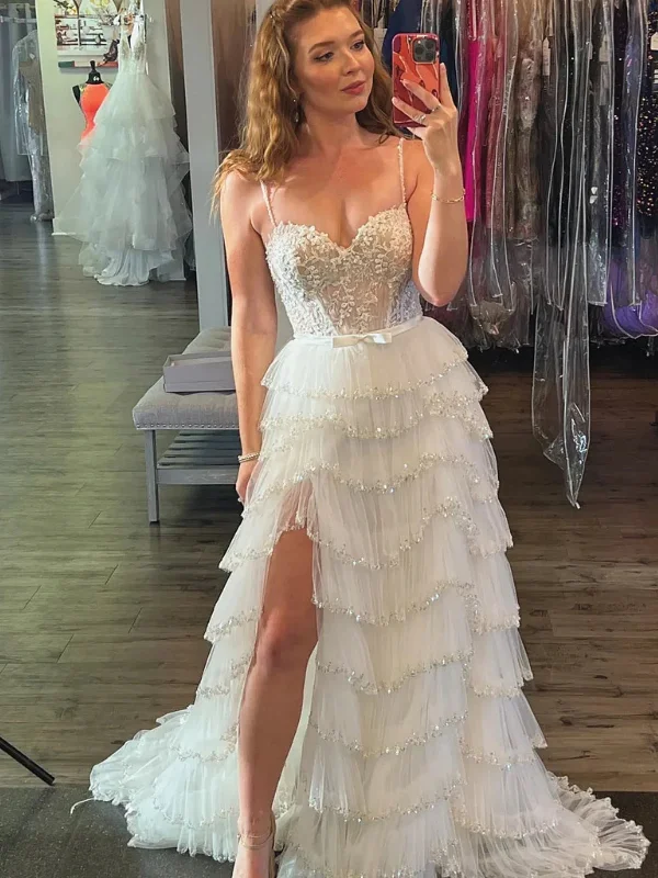 Markdowns chic slip dresschic slip dressWhite Floral Sequined Multi Layers Long Prom Dress with High Split, Multi Layers Long Lace Formal Evening Dresses SP2886