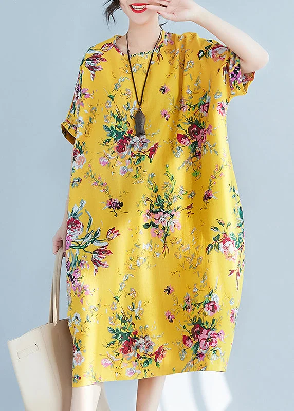 Final Markdown casual slip dresscasual slip dressPlus Size Yellow O-Neck Print Cotton Holiday Dress Summer