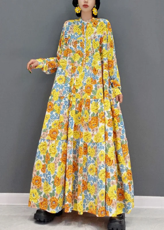 Deal Zone long sleeve dresslong sleeve dressBohemian Yellow Stand Collar Print Exra Large Hem Cotton Vacation Dresses Spring