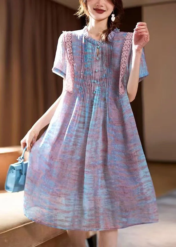 high-waisted dressElegant Pink Ruffled Print Chiffon Long Dress Short Sleeve