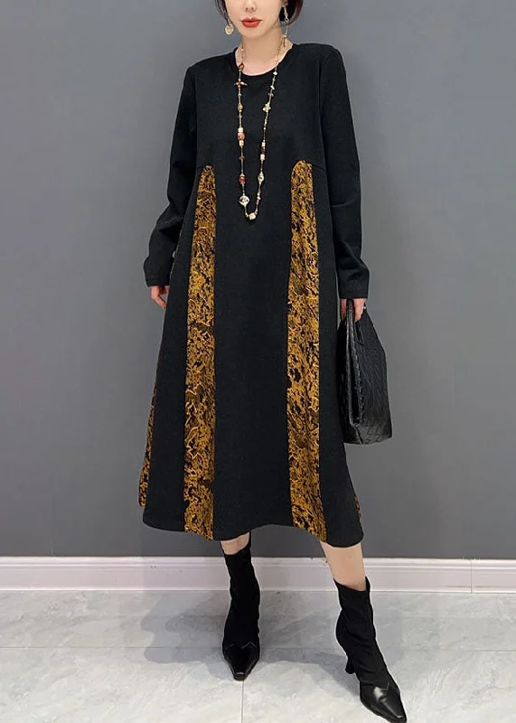 Bargain Blast casual knit dresscasual knit dressClassy Black O Neck Print Patchwork Cotton Dress Spring