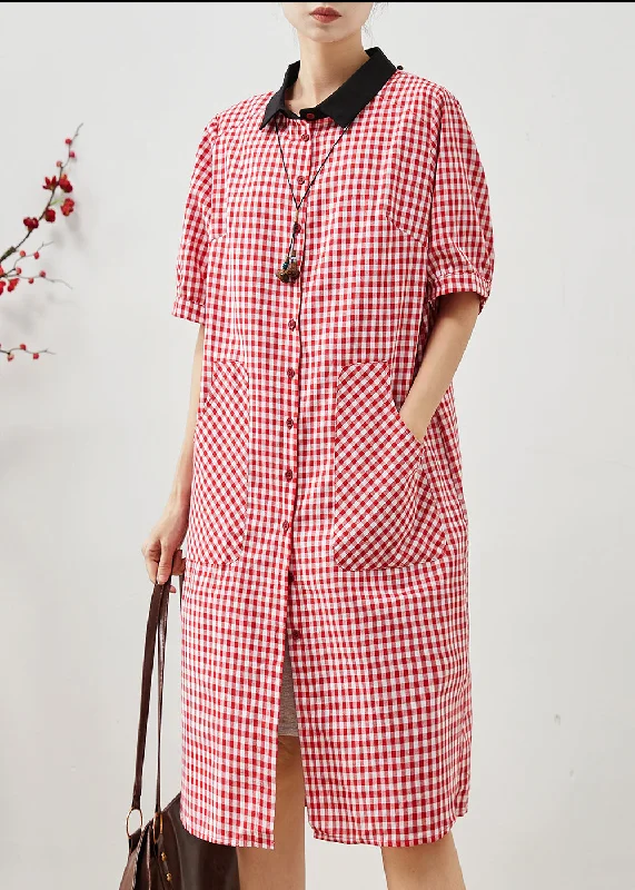 cocktail party dressUnique Red Peter Pan Collar Plaid Linen Dresses Summer