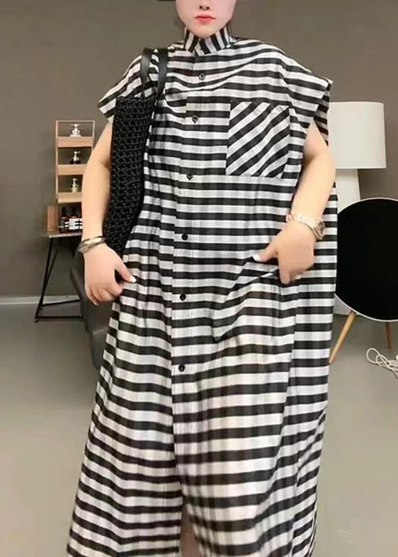 printed dressCasual Black Striped Stand Collar Button Maxi Dress Short Sleeve