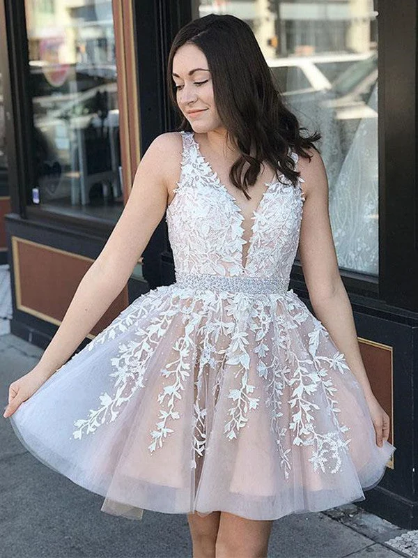 Holiday Sale luxury dressluxury dressV Neck Lace Champagne Prom Dresses, Champagne Homecoming Dresses, Short Lace Dresses